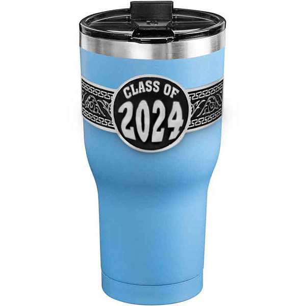 A customized tumbler made of stainless steel with a personalized engraved Class of 2024 lettering, 30 oz, ideal for coffee or cool drinks